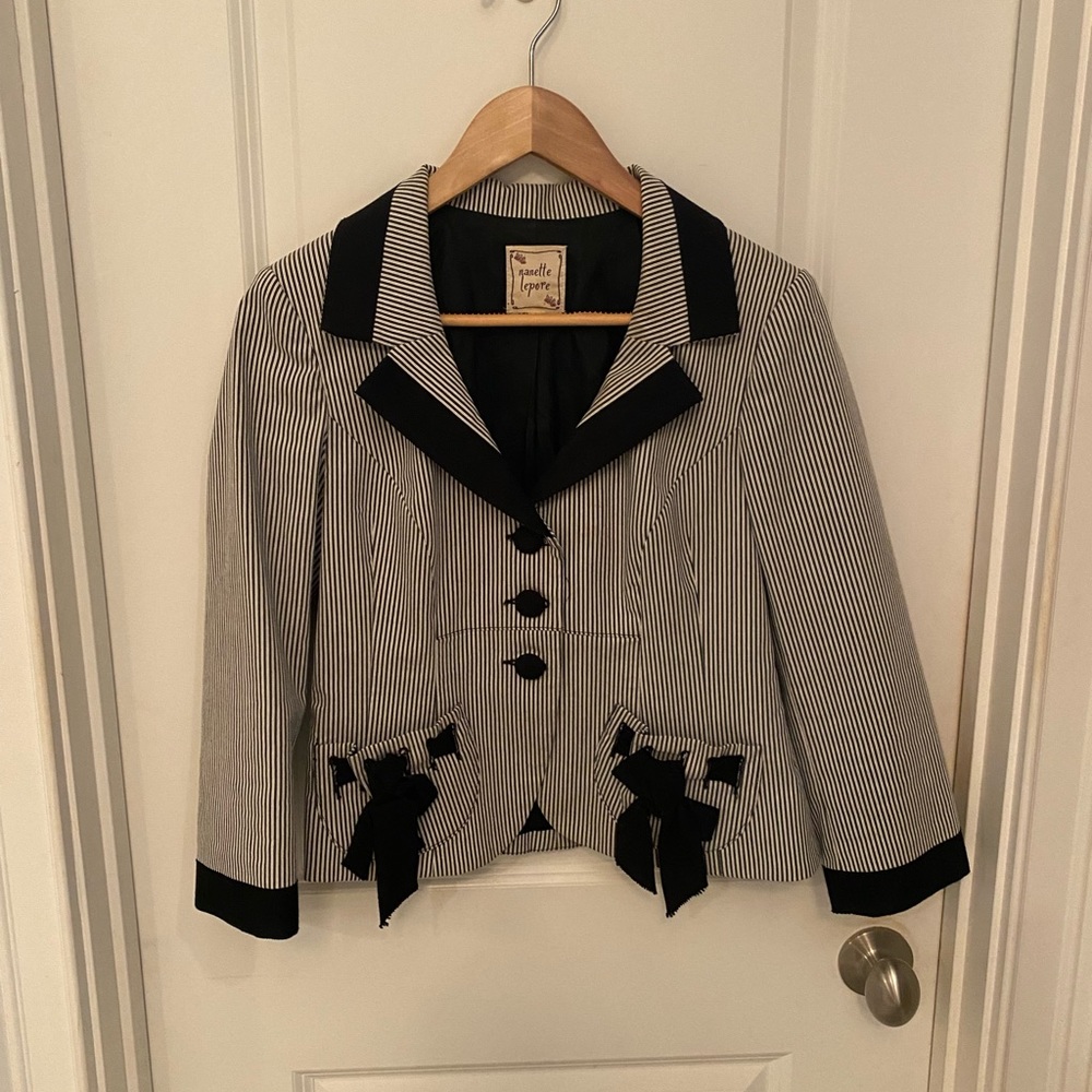 Nanette Lepore Black and White Stripe Jacket with Bow Accents.